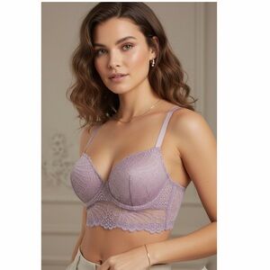 Floral Lace Longline Push-Up Bra Mauve Lavender 6 Hook Band Adjustable Strap‎